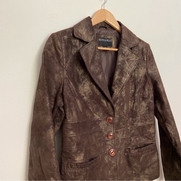 Brown leather blazer BERNARDO gold genuine leather jacket soft classy funky - Picture 5 of 16